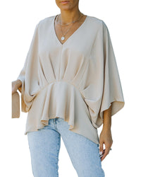 Thumbnail for Azura Exchange Pleated Batwing Sleeve V Neck Blouse in 100% Polyester - M