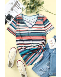 Thumbnail for Azura Exchange Striped Crisscross Neck Short Sleeve Top - L