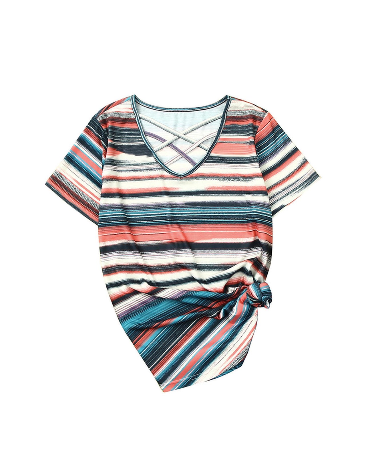 Azura Exchange Striped Crisscross Neck Short Sleeve Top - L