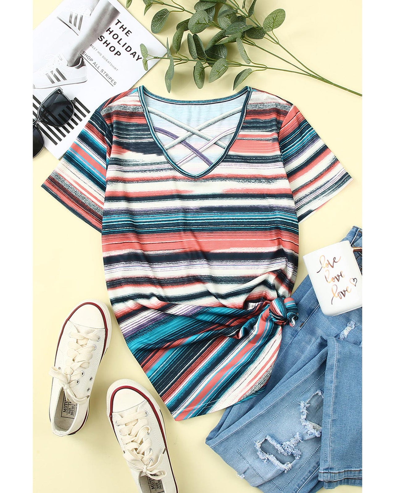 Azura Exchange Striped Crisscross Neck Short Sleeve Top - M