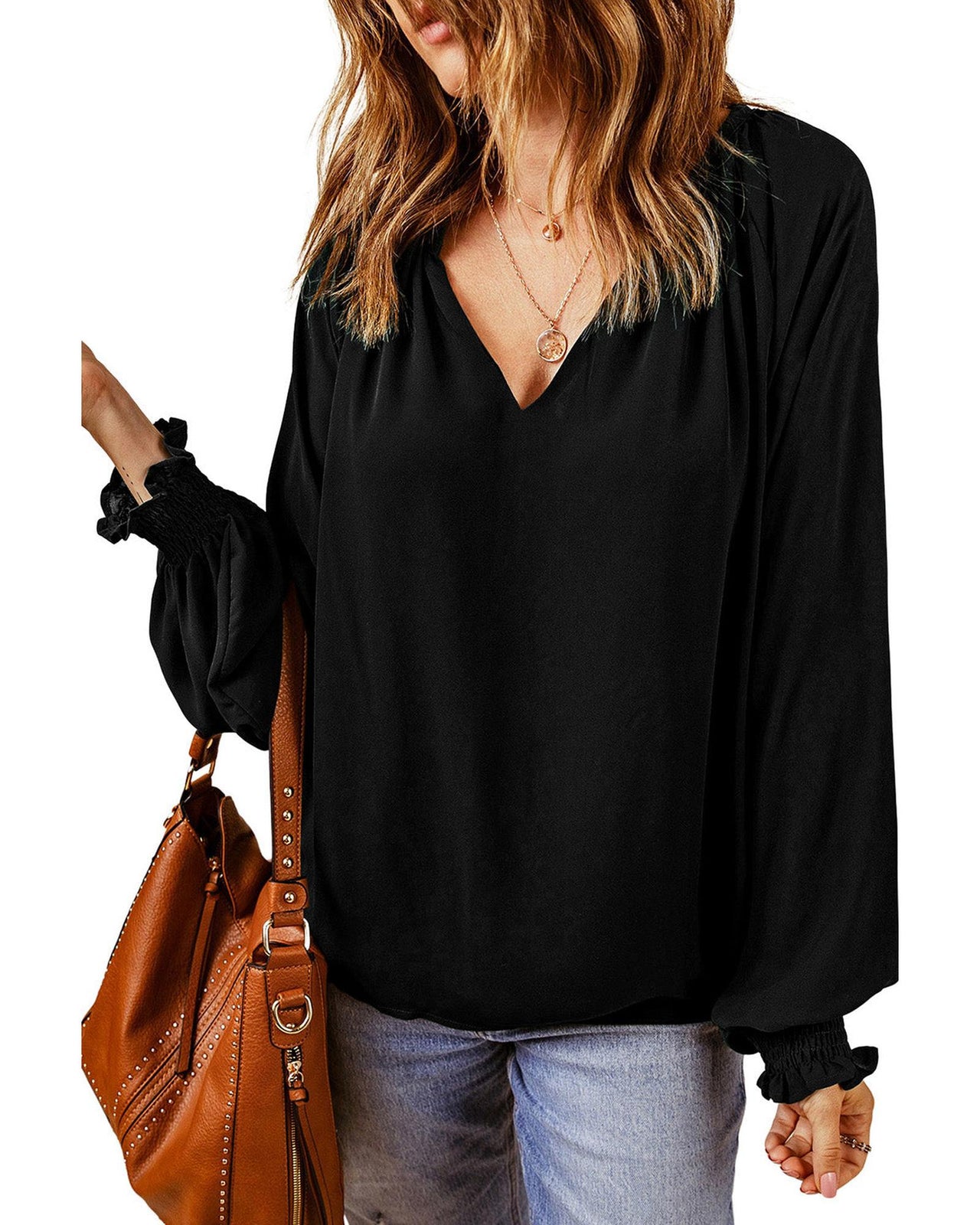 Azura Exchange Pleated V Neck Puffy Sleeve Blouse - 2XL