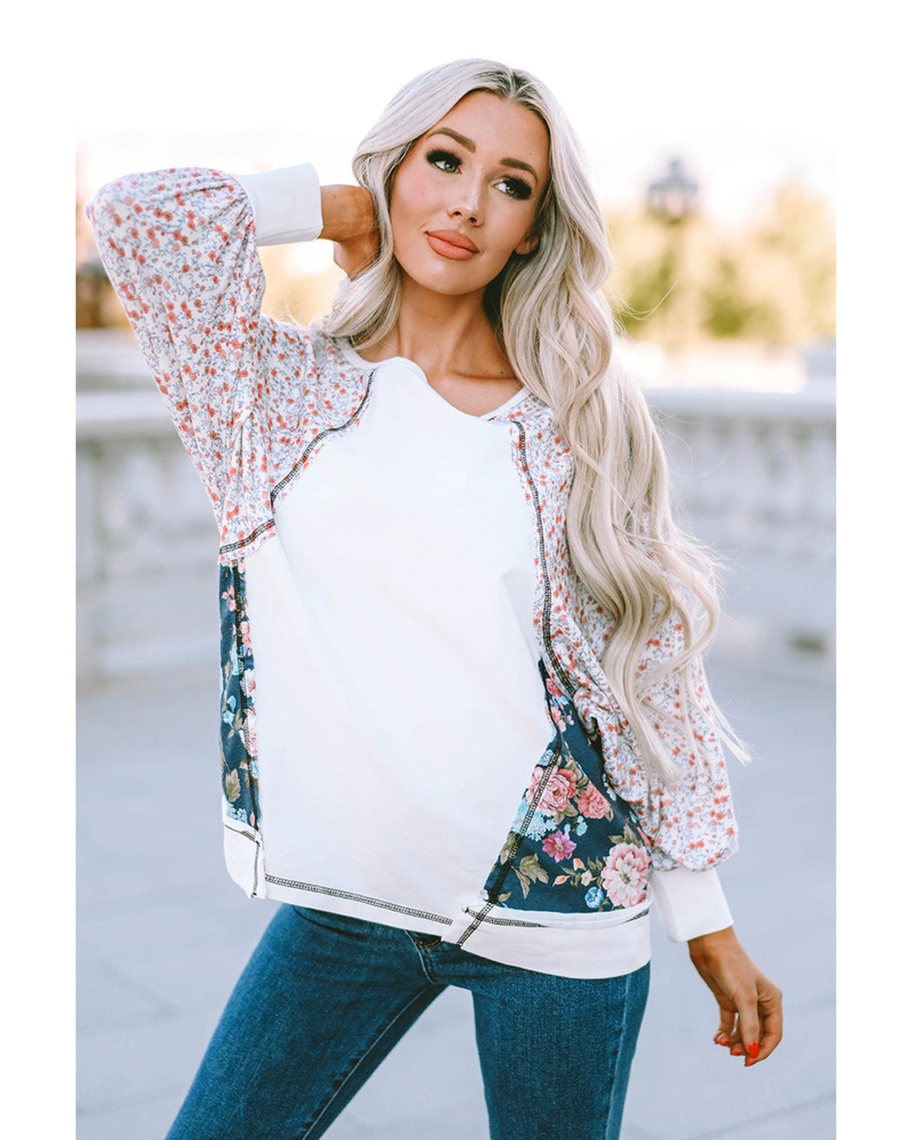 Azura Exchange Patchwork Floral Print Long Sleeve Top - M