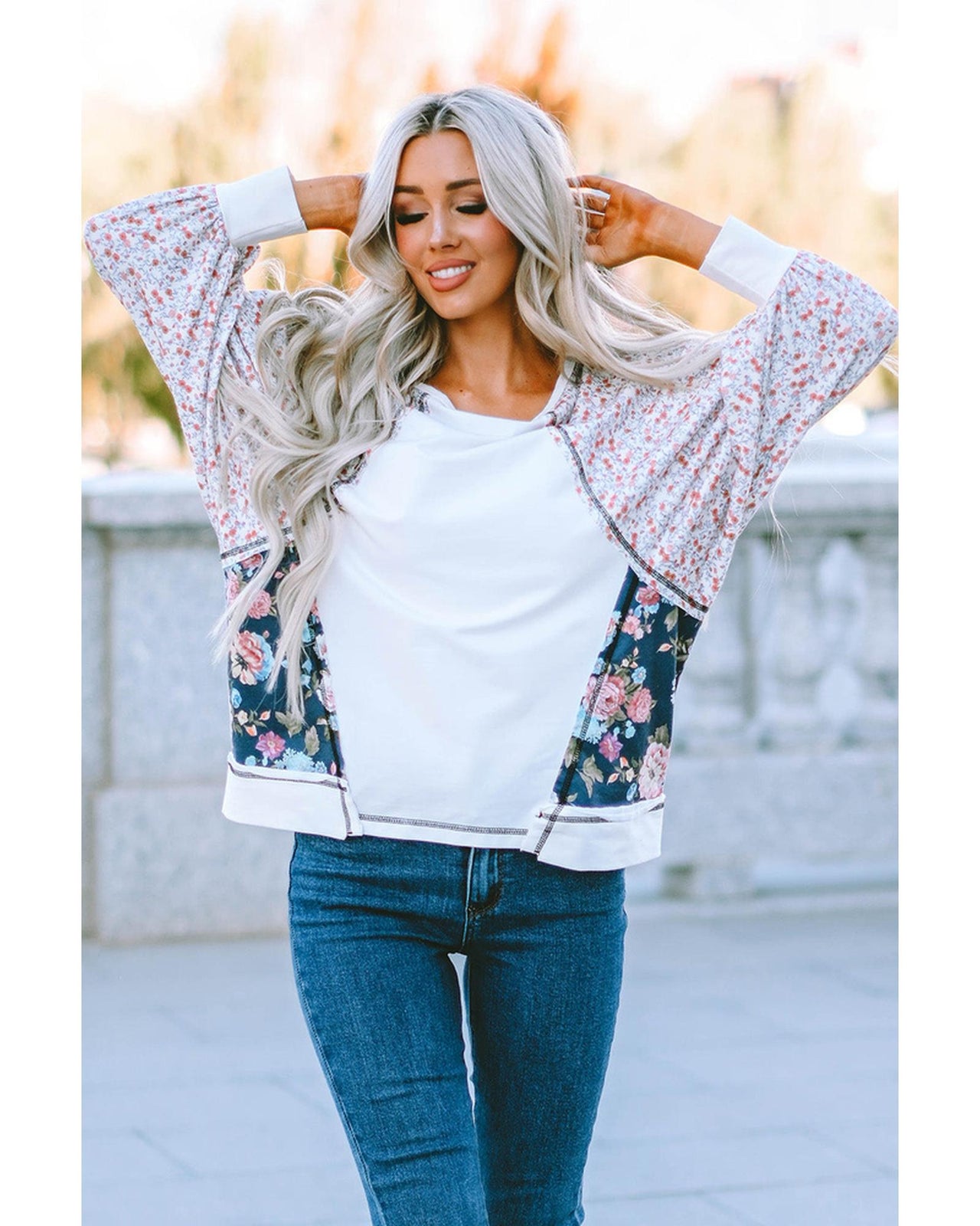 Azura Exchange Patchwork Floral Print Long Sleeve Top - M