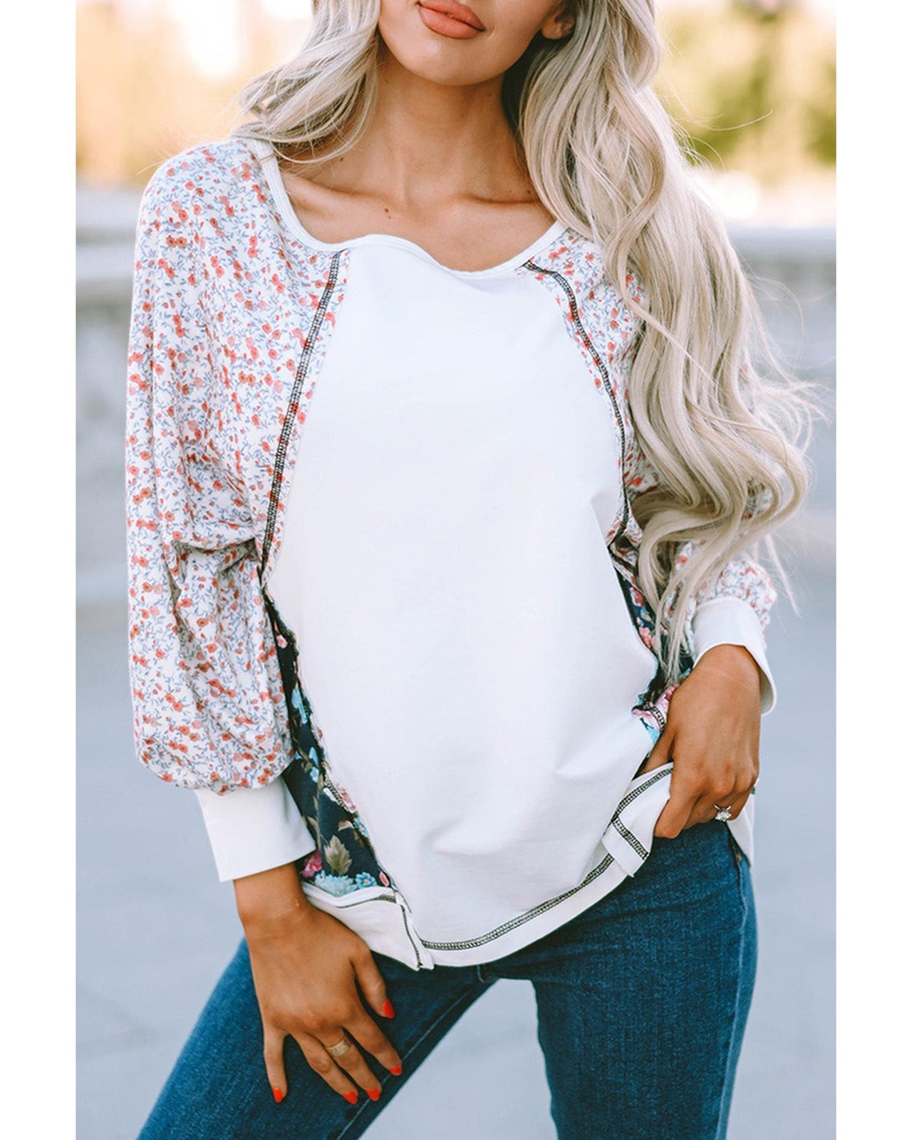 Azura Exchange Patchwork Floral Print Long Sleeve Top - M