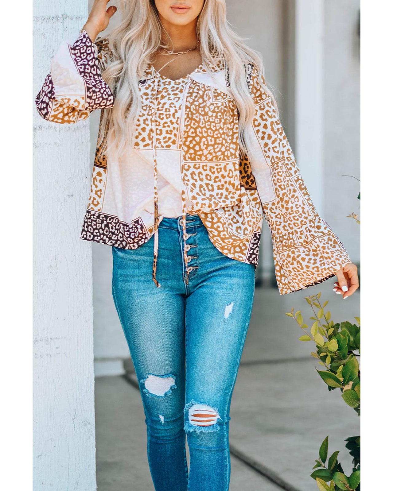 Azura Exchange Leopard Ribbon Tie Blouse - S