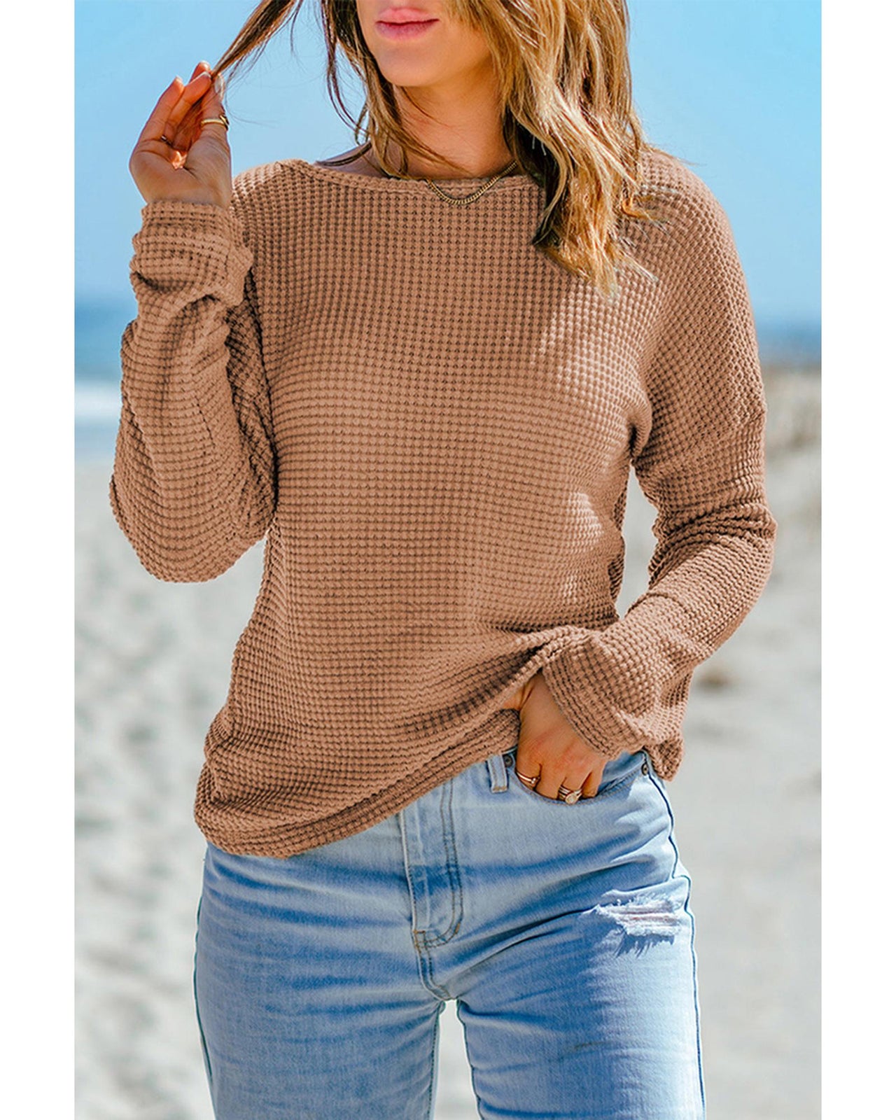 Azura Exchange Waffle Knit Drop Shoulder Long Sleeve Top - L