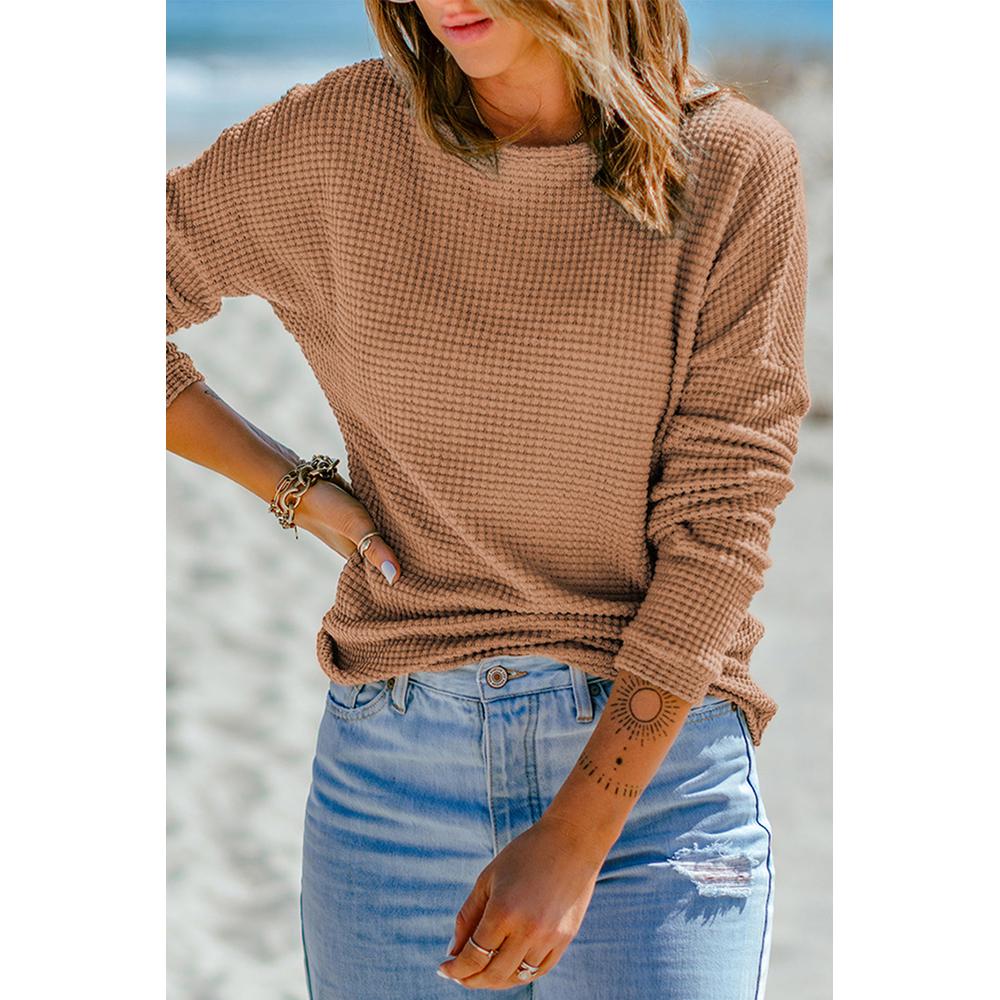 Azura Exchange Waffle Knit Drop Shoulder Long Sleeve Top - L