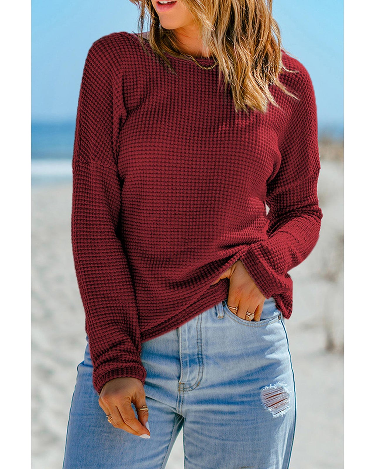 Azura Exchange Waffle Knit Drop Shoulder Long Sleeve Top - L