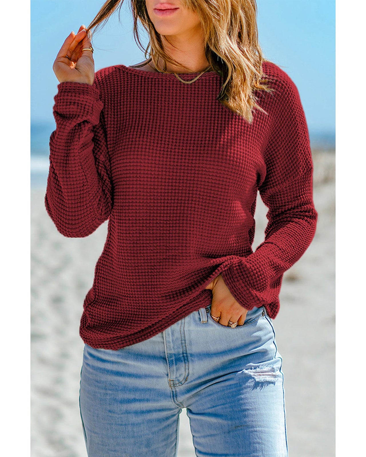 Azura Exchange Waffle Knit Drop Shoulder Long Sleeve Top - L