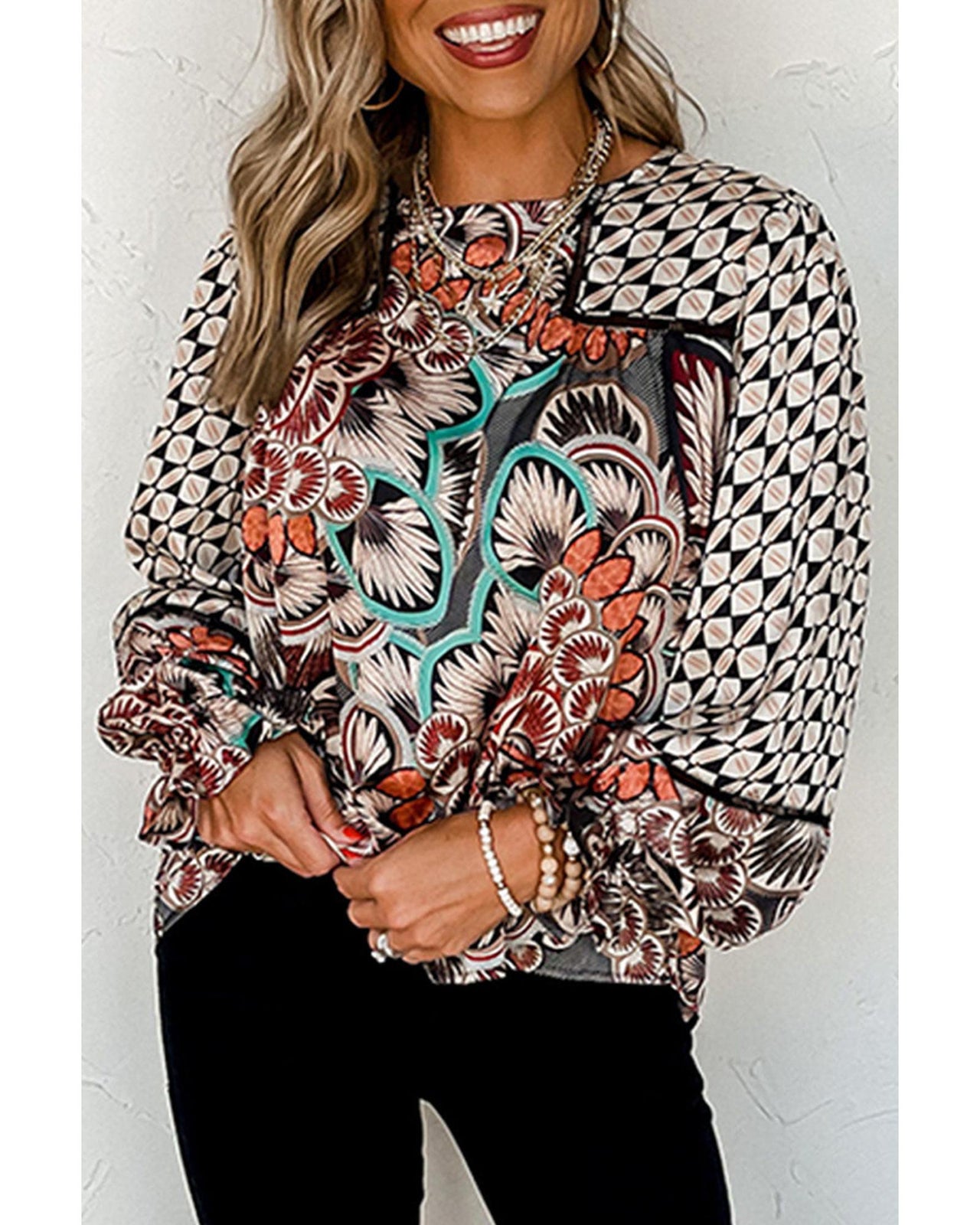 Azura Exchange Mixed Floral Geometric Print Ruffled Blouse - XL