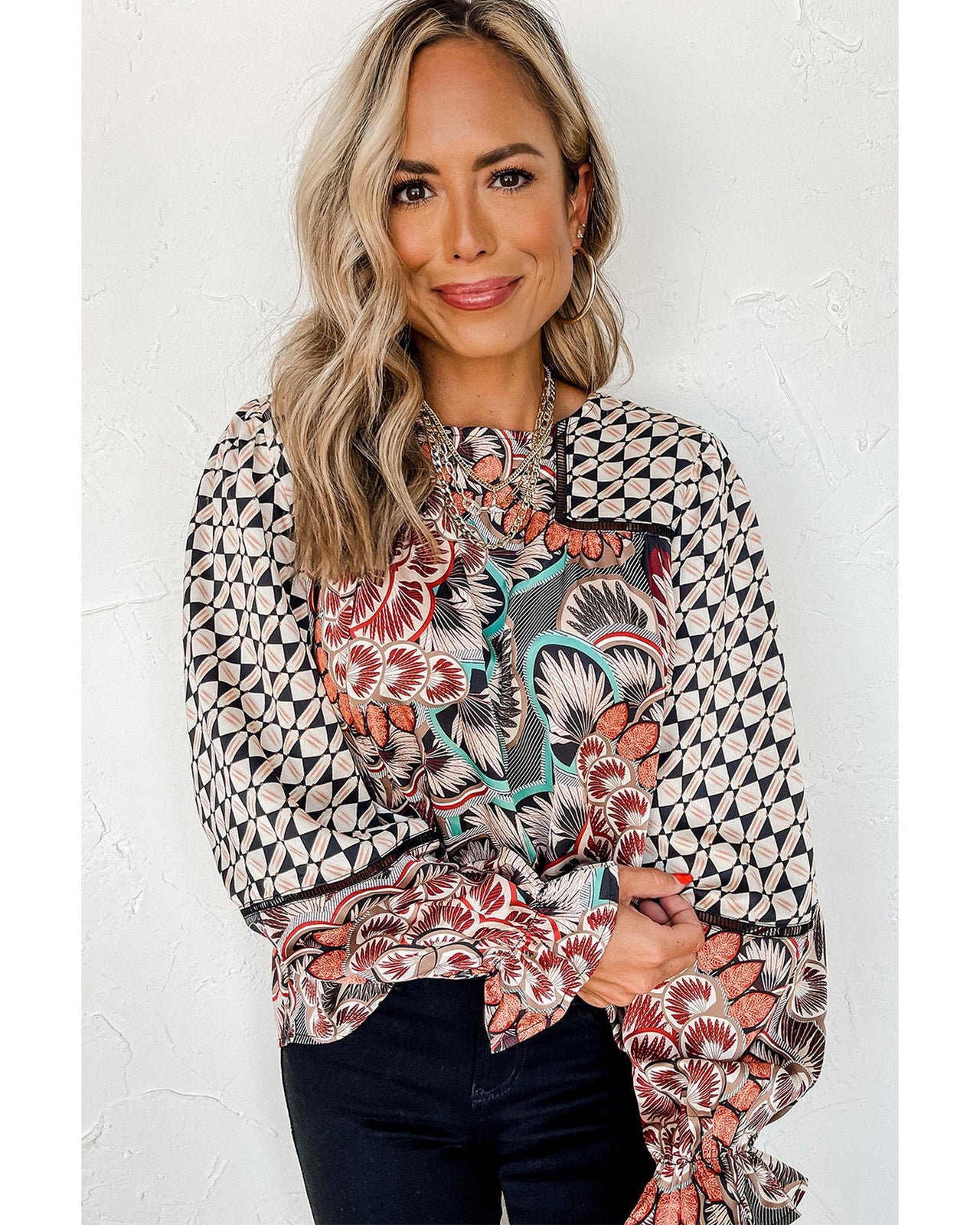 Azura Exchange Mixed Floral Geometric Print Ruffled Blouse - XL