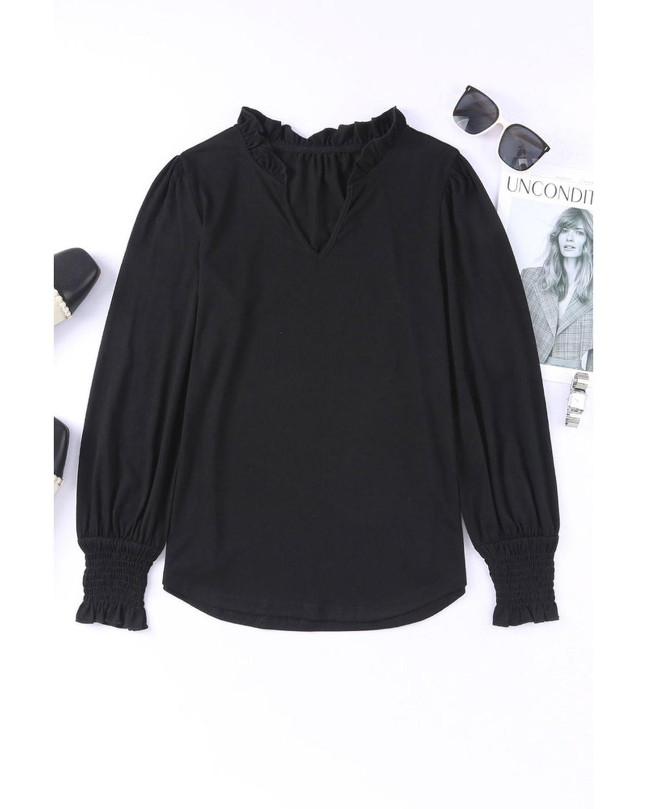 Azura Exchange Frill V Neck Puff Long Sleeve Top - L