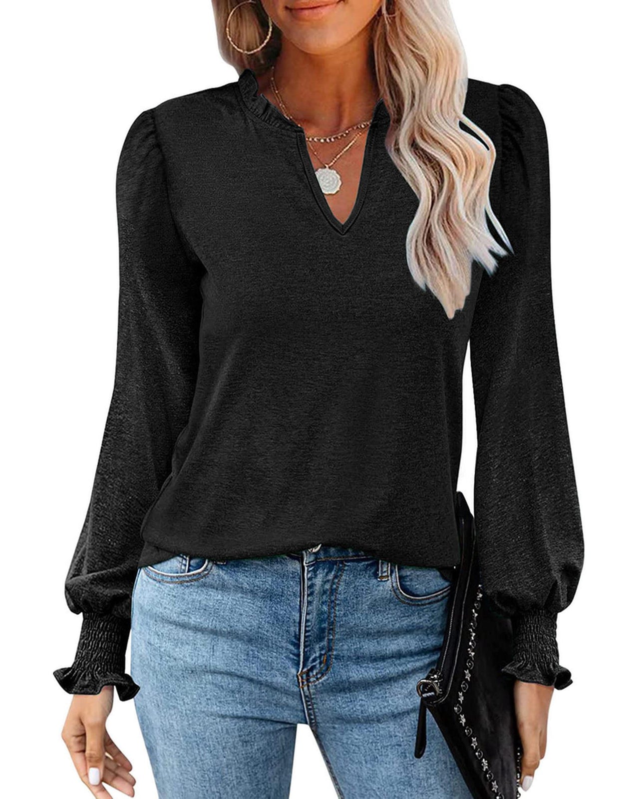 Azura Exchange Frill V Neck Puff Long Sleeve Top - L