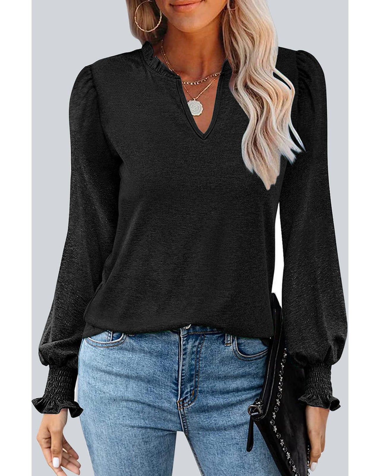 Azura Exchange Frill V Neck Puff Long Sleeve Top - M