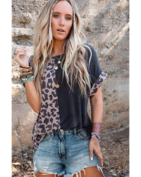 Thumbnail for Azura Exchange Leopard Patchwork Short Sleeves Top - L