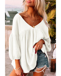 Thumbnail for Azura Exchange Textured V Neck Bracelet Sleeve Babydoll Blouse - M