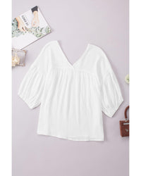 Thumbnail for Azura Exchange Textured V Neck Bracelet Sleeve Babydoll Blouse - M