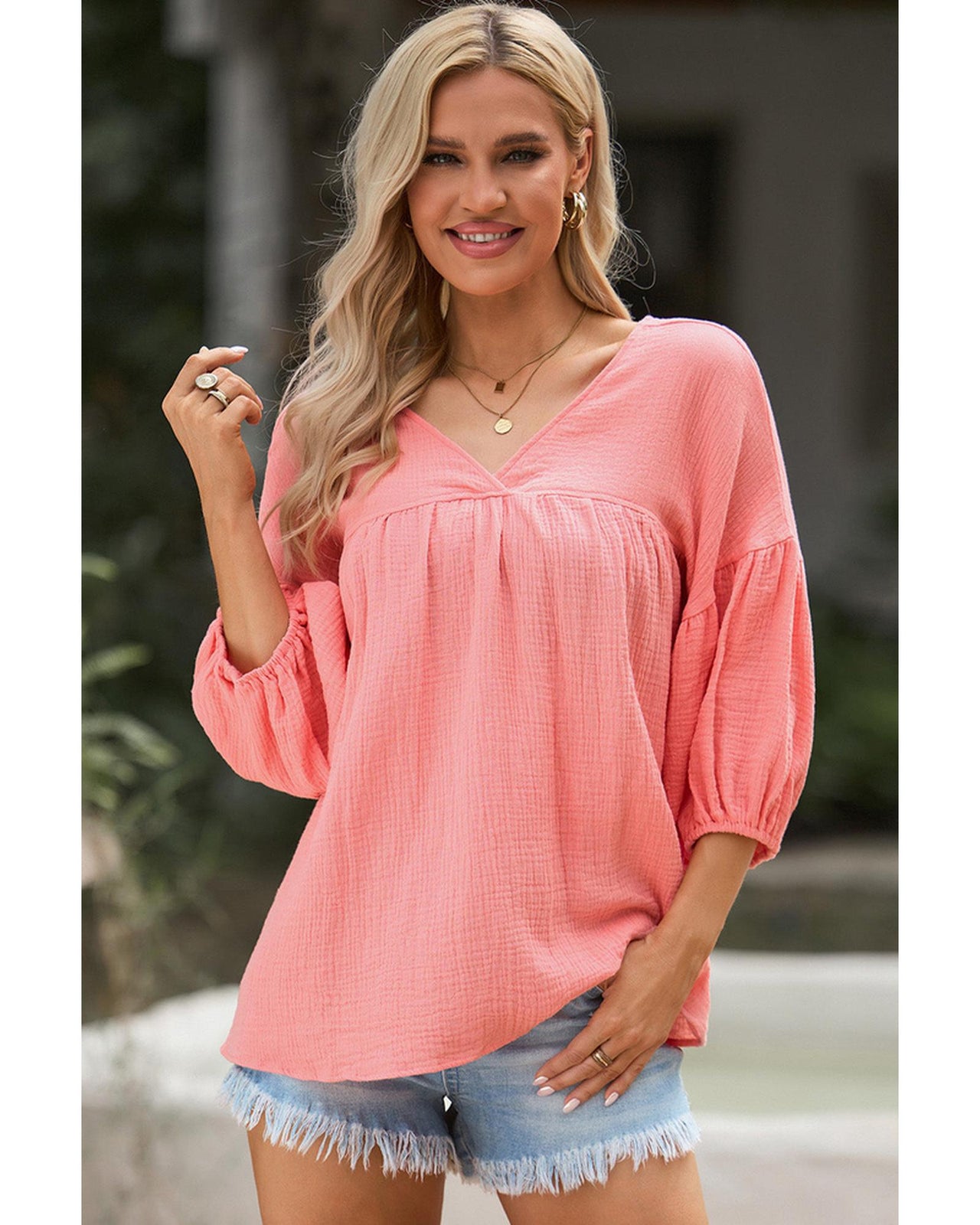 Azura Exchange V Neck Bracelet Sleeve Babydoll Blouse - 2XL