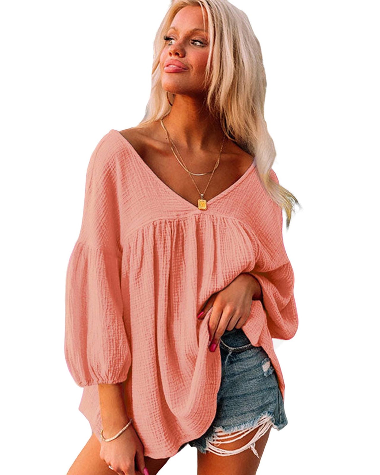 Azura Exchange V Neck Bracelet Sleeve Babydoll Blouse - 2XL