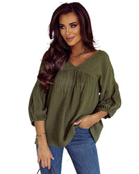 Thumbnail for Azura Exchange Textured V Neck Bracelet Sleeve Babydoll Blouse - L