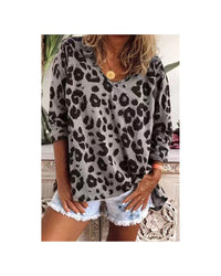 Thumbnail for Azura Exchange Leopard Print V Neck Long Sleeve Top - L