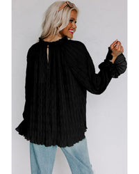 Thumbnail for Azura Exchange Black Pleated Flared Cuff Long Sleeve Blouse - L