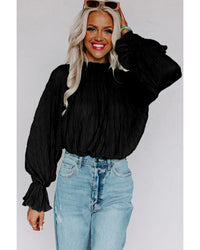 Thumbnail for Azura Exchange Black Pleated Flared Cuff Long Sleeve Blouse - M