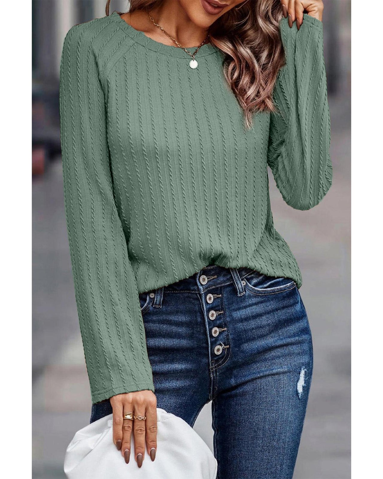 Azura Exchange Green Ribbed Round Neck Knit Top - L