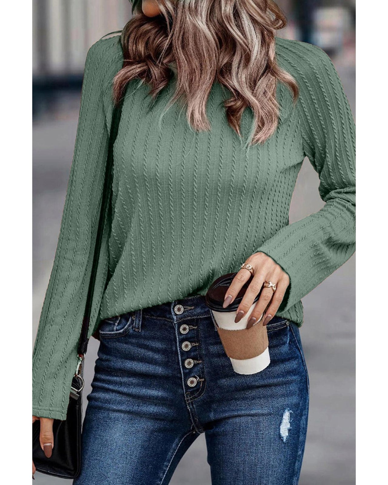 Azura Exchange Green Ribbed Round Neck Knit Top - L