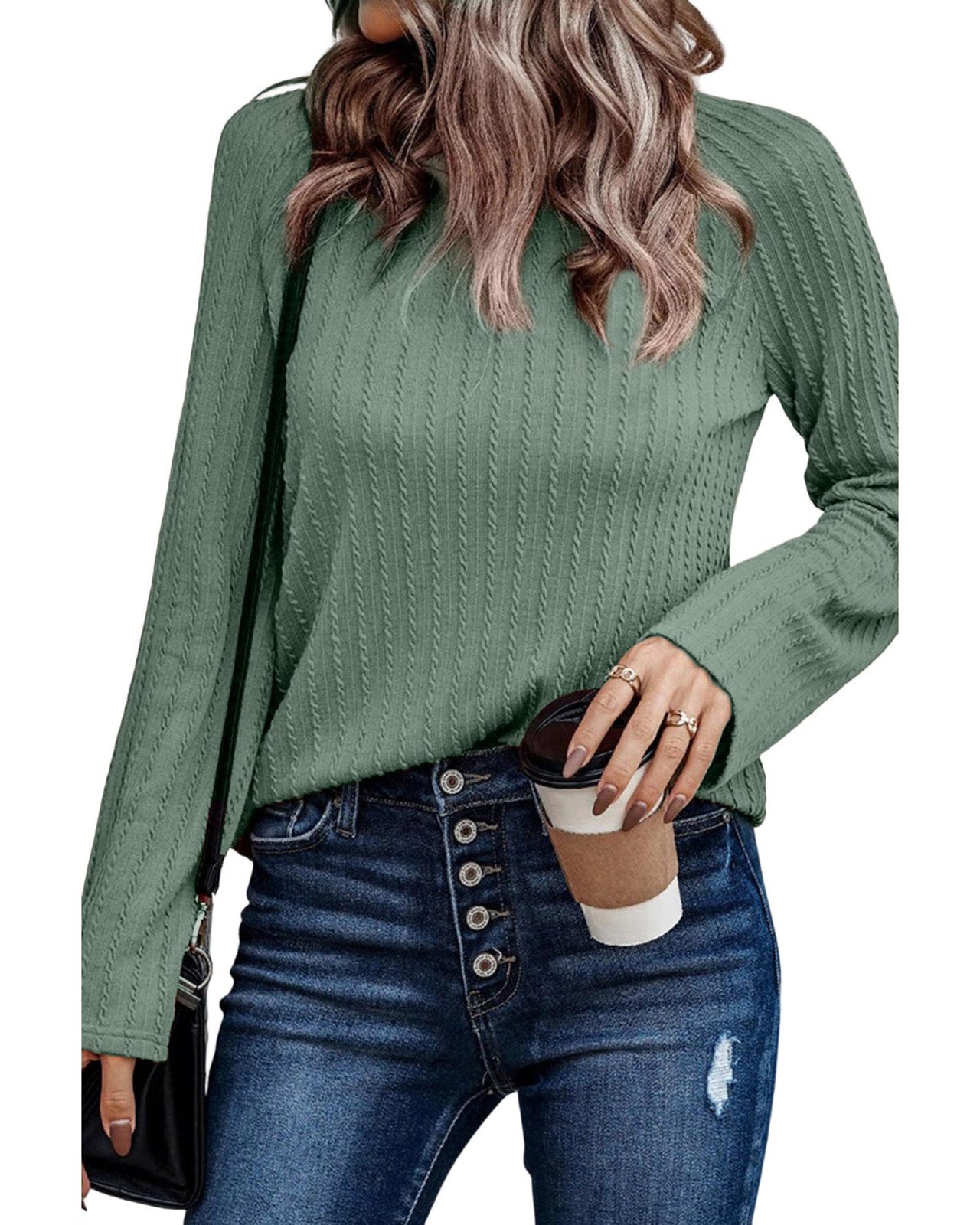 Azura Exchange Green Ribbed Round Neck Knit Top - L