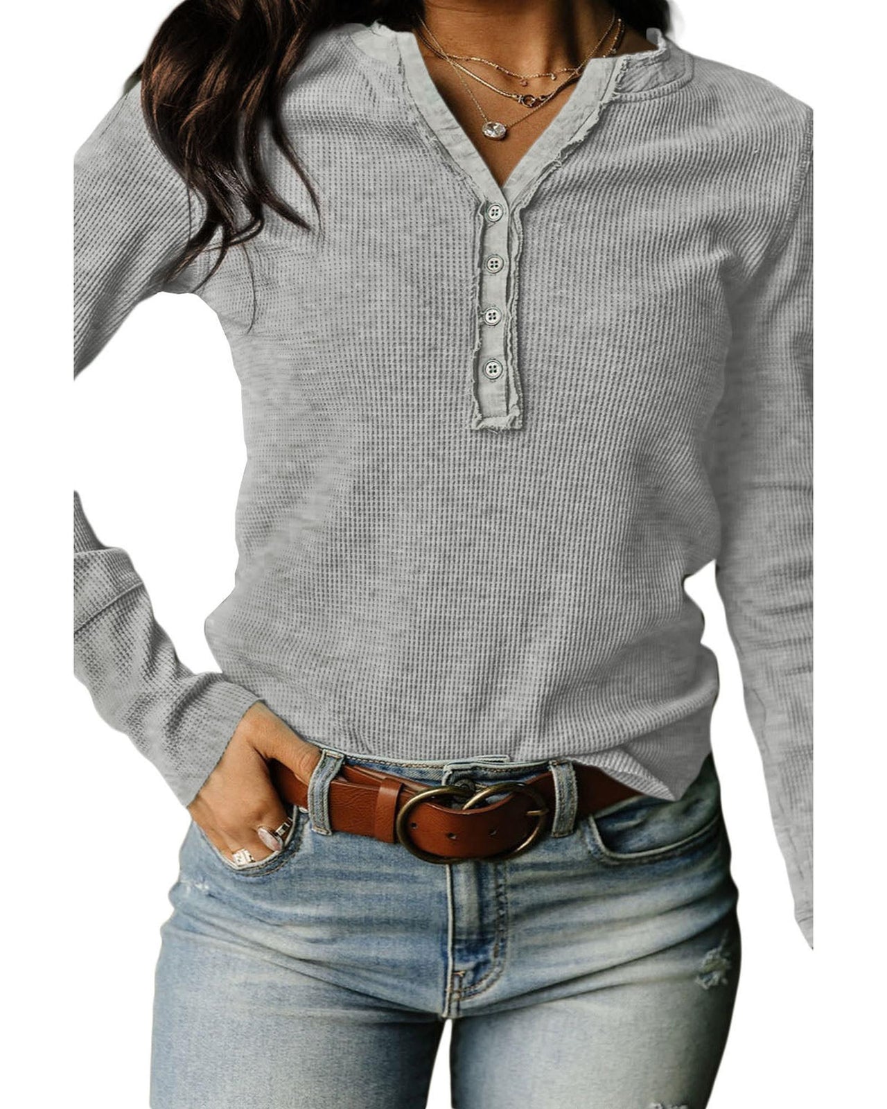 Azura Exchange Gray Waffle Knit Henley Top - L