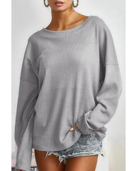 Thumbnail for Azura Exchange Gray V Cut Drawstring Back Waffle Knit Top - L