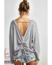 Thumbnail for Azura Exchange Gray V Cut Drawstring Back Waffle Knit Top - L