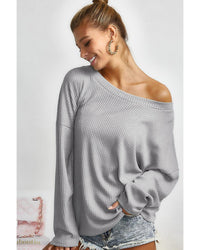 Thumbnail for Azura Exchange Gray V Cut Drawstring Back Waffle Knit Top - L