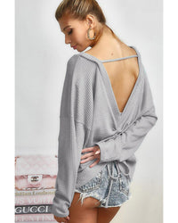 Thumbnail for Azura Exchange Gray V Cut Drawstring Back Waffle Knit Top - L