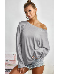 Thumbnail for Azura Exchange Gray V Cut Drawstring Back Waffle Knit Top - L