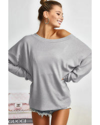 Thumbnail for Azura Exchange Gray V Cut Drawstring Back Waffle Knit Top - L