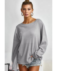 Thumbnail for Azura Exchange Gray V Cut Drawstring Back Waffle Knit Top - L