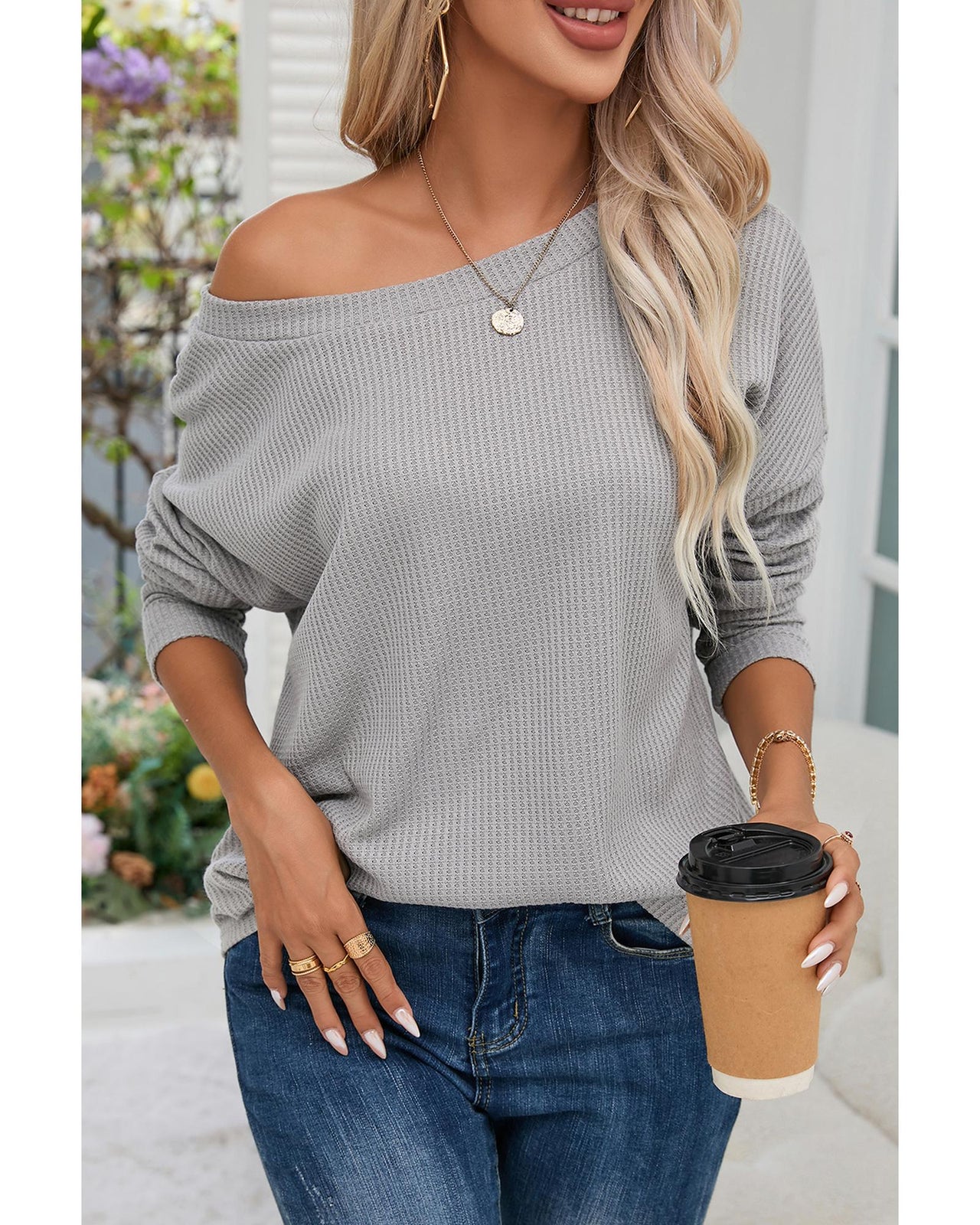 Azura Exchange Gray V Cut Drawstring Back Waffle Knit Top - L