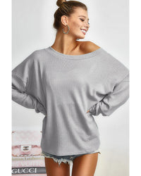 Thumbnail for Azura Exchange Gray V Cut Drawstring Back Waffle Knit Top - L