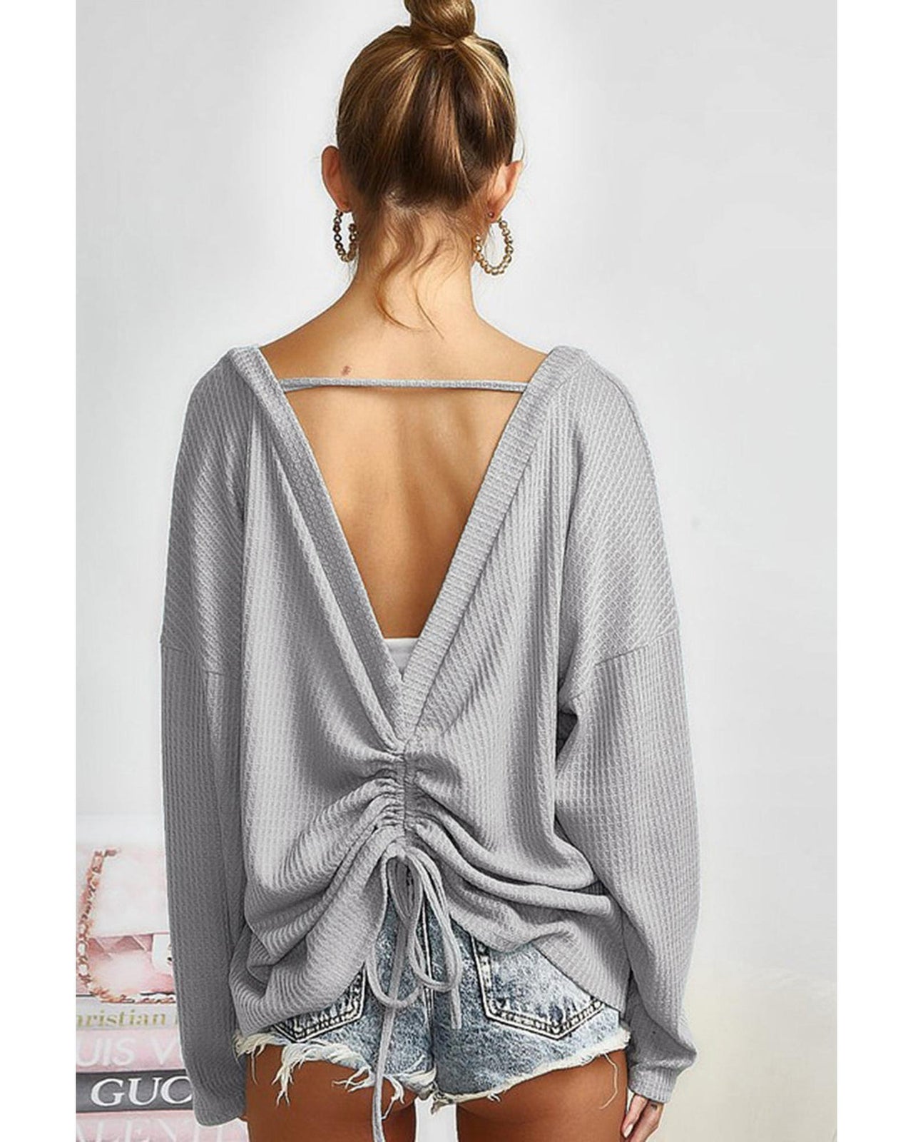 Azura Exchange Gray V Cut Drawstring Back Waffle Knit Top - M