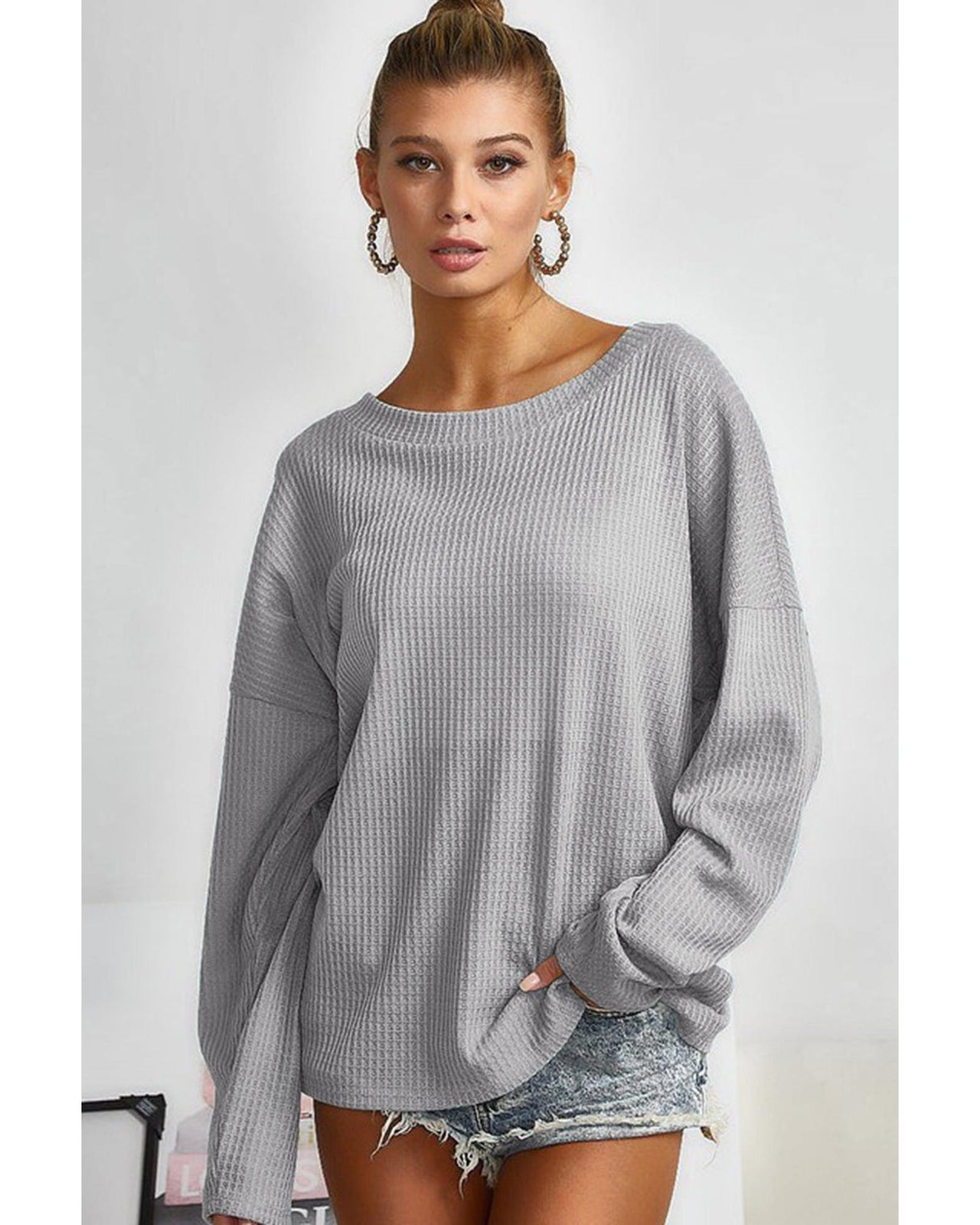 Azura Exchange Gray V Cut Drawstring Back Waffle Knit Top - M