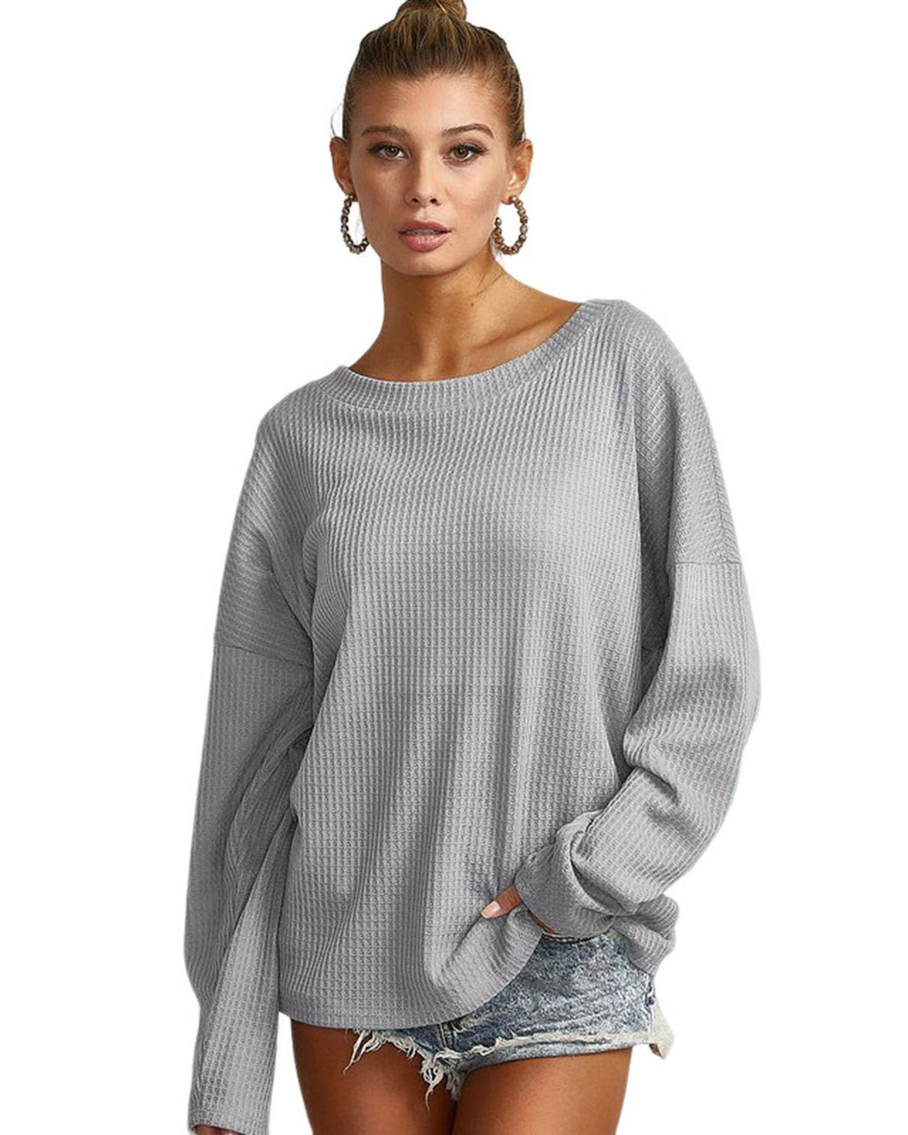 Azura Exchange Gray V Cut Drawstring Back Waffle Knit Top - XL