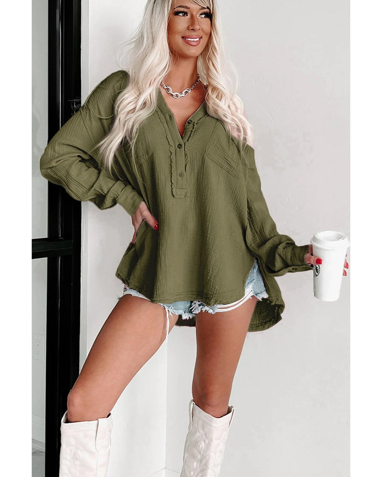 Azura Exchange Crinkle Long Sleeve Distressed Split Henley Top - L