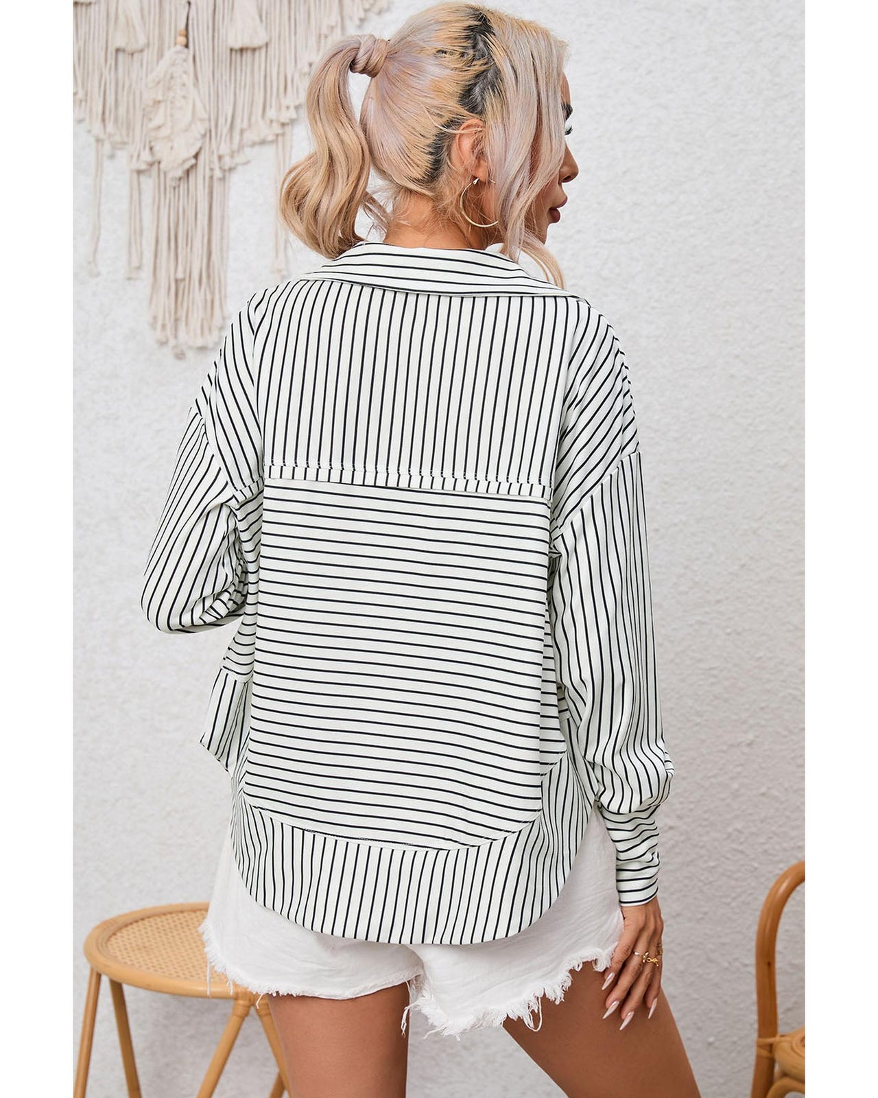 Azura Exchange Striped Thumbhole Drop Shoulder V Neck Top - M