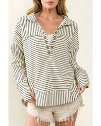 Thumbnail for Azura Exchange Striped Thumbhole Drop Shoulder V Neck Top - M