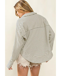 Thumbnail for Azura Exchange Striped Thumbhole Drop Shoulder V Neck Top - M