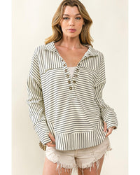 Thumbnail for Azura Exchange Striped Thumbhole Drop Shoulder V Neck Top - M