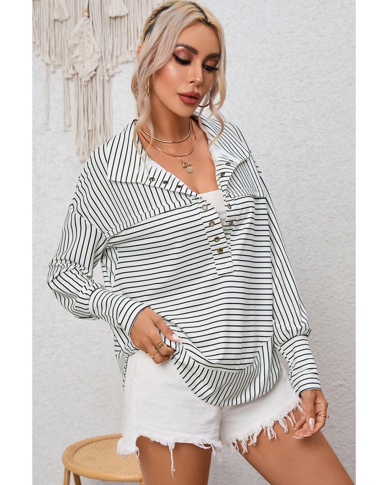 Azura Exchange Striped Thumbhole Drop Shoulder V Neck Top - S