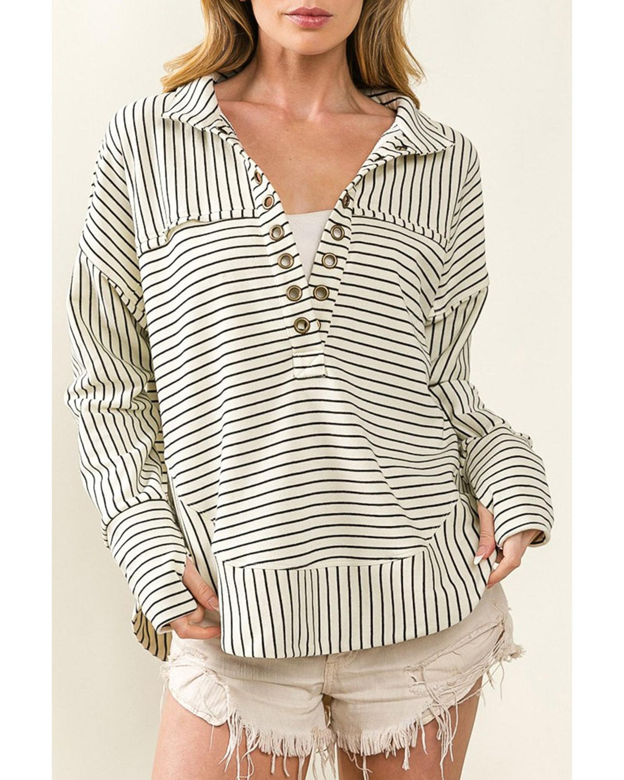 Azura Exchange Striped Thumbhole Drop Shoulder V Neck Top - S